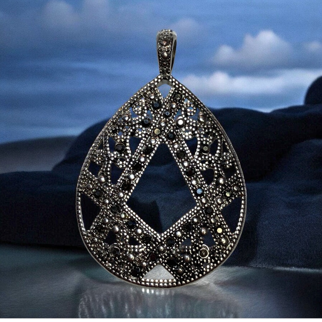 Teardrop Art Deco Style Silver Tone Marcasite Pendant